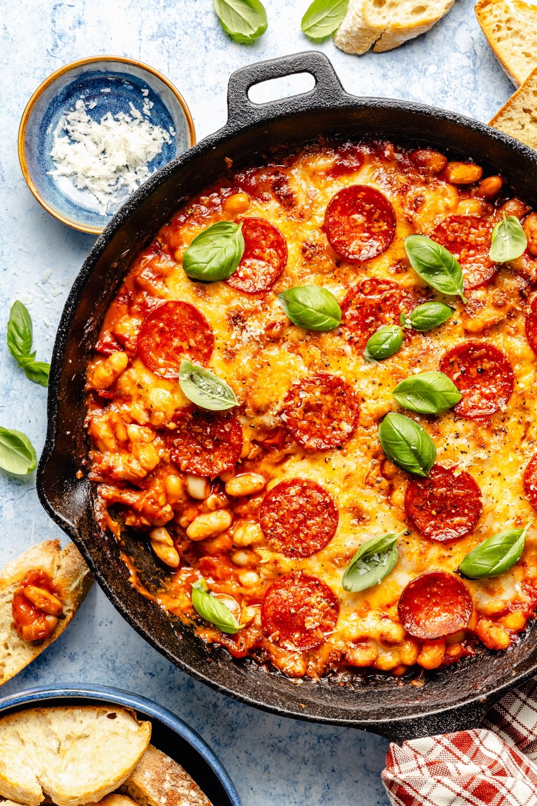 pepperoni white bean bake in a skillet