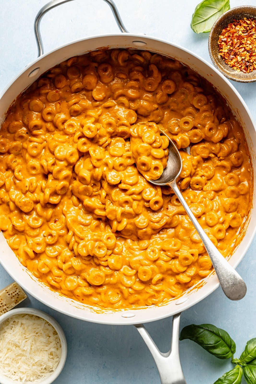 healthy spaghetti-os in a pan with a spoon