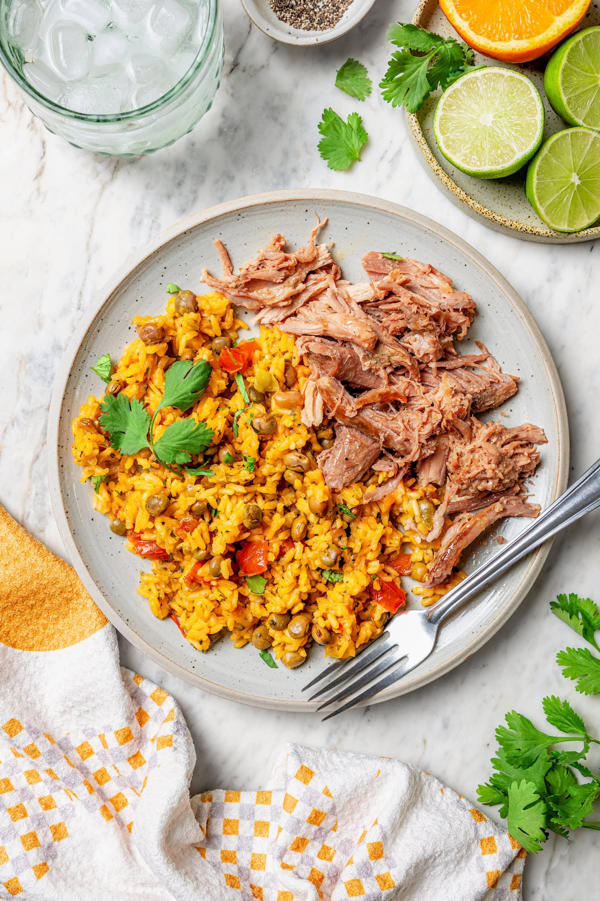 Overhead view of pernil and rice on plate