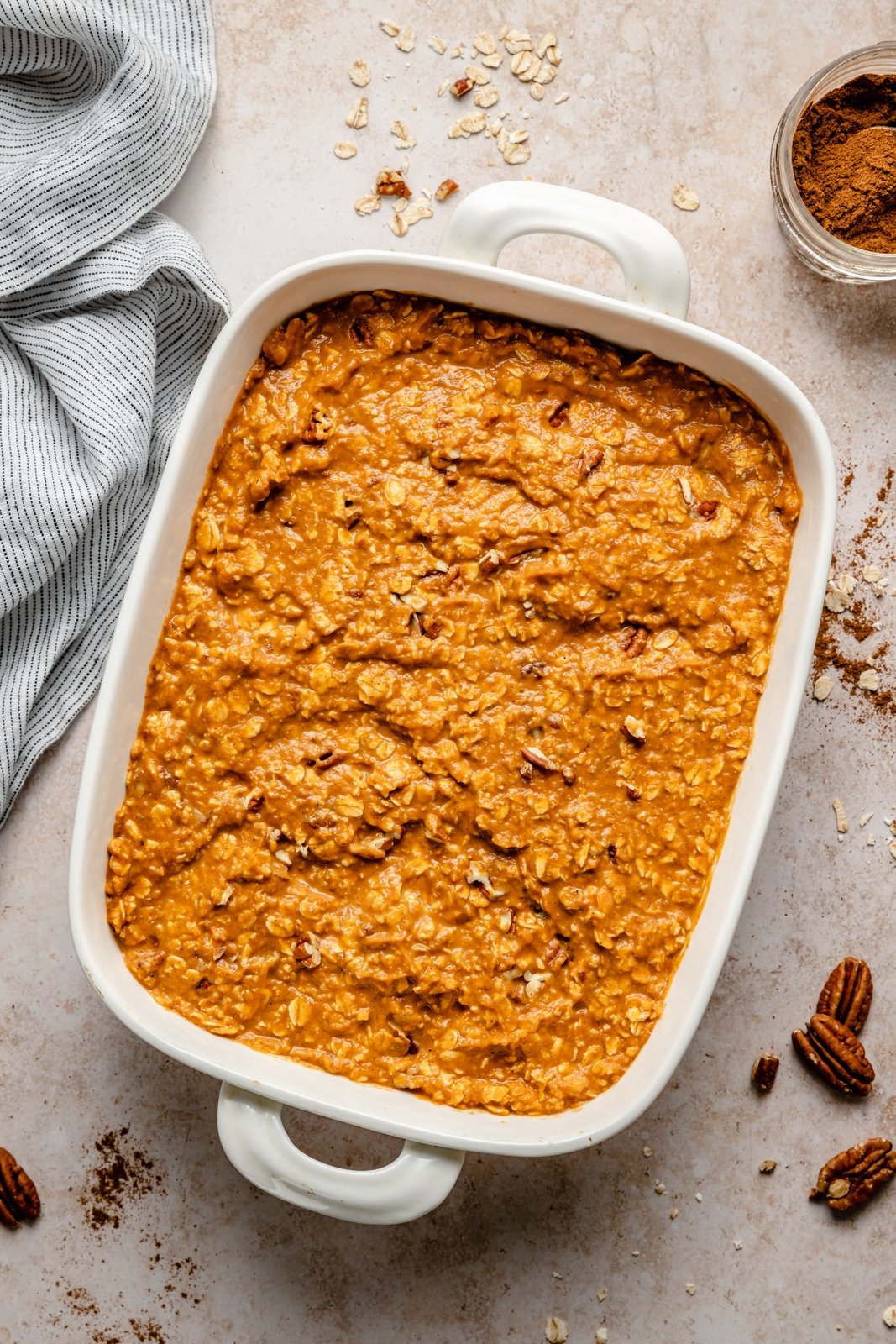 unbaked pumpkin oatmeal bake in a dish