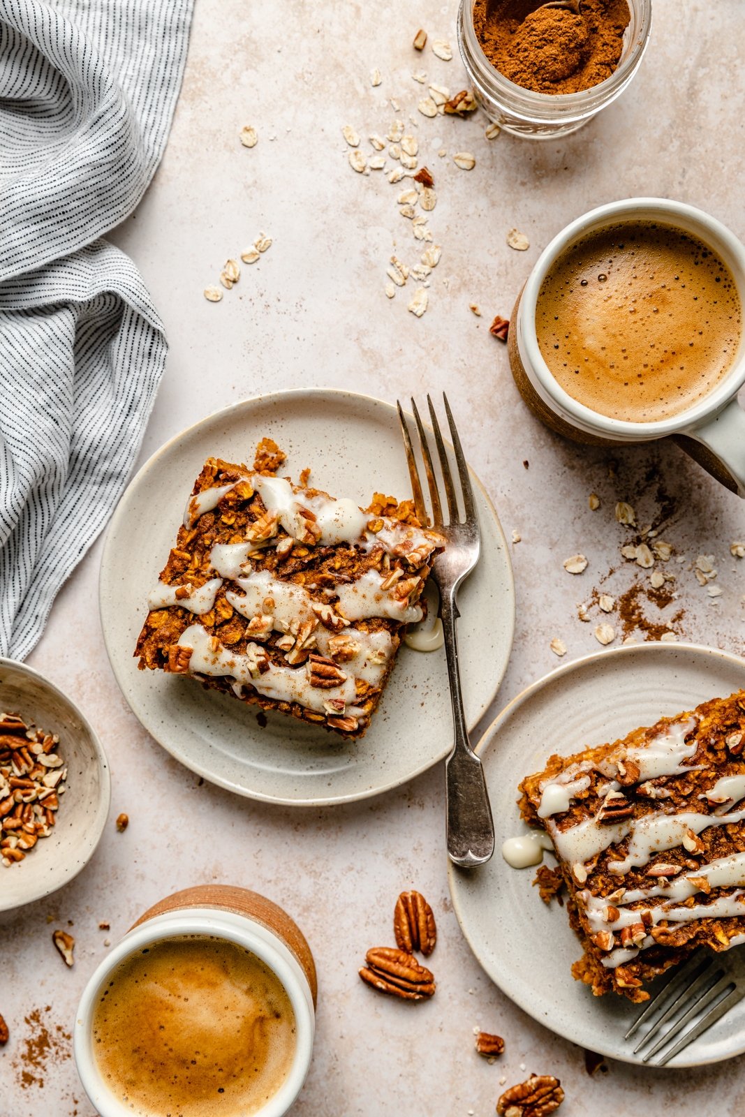 two slices of pumpkin baked oatmeal on plates