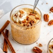 creamy pumpkin pie overnight oats in a glass