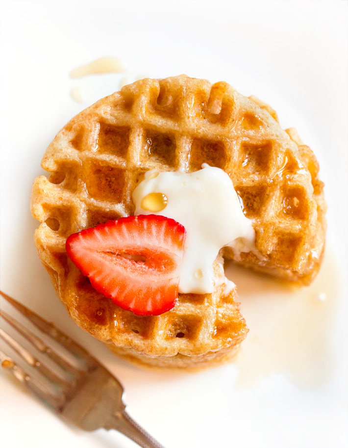 Strawberry Protein Waffles with Maple Syrup and Butter