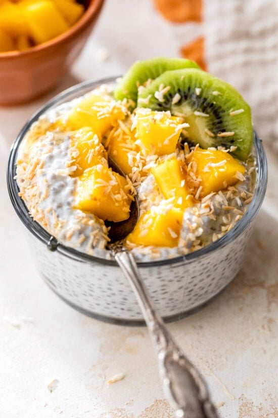 chia pudding with mango, coconut and kiwi