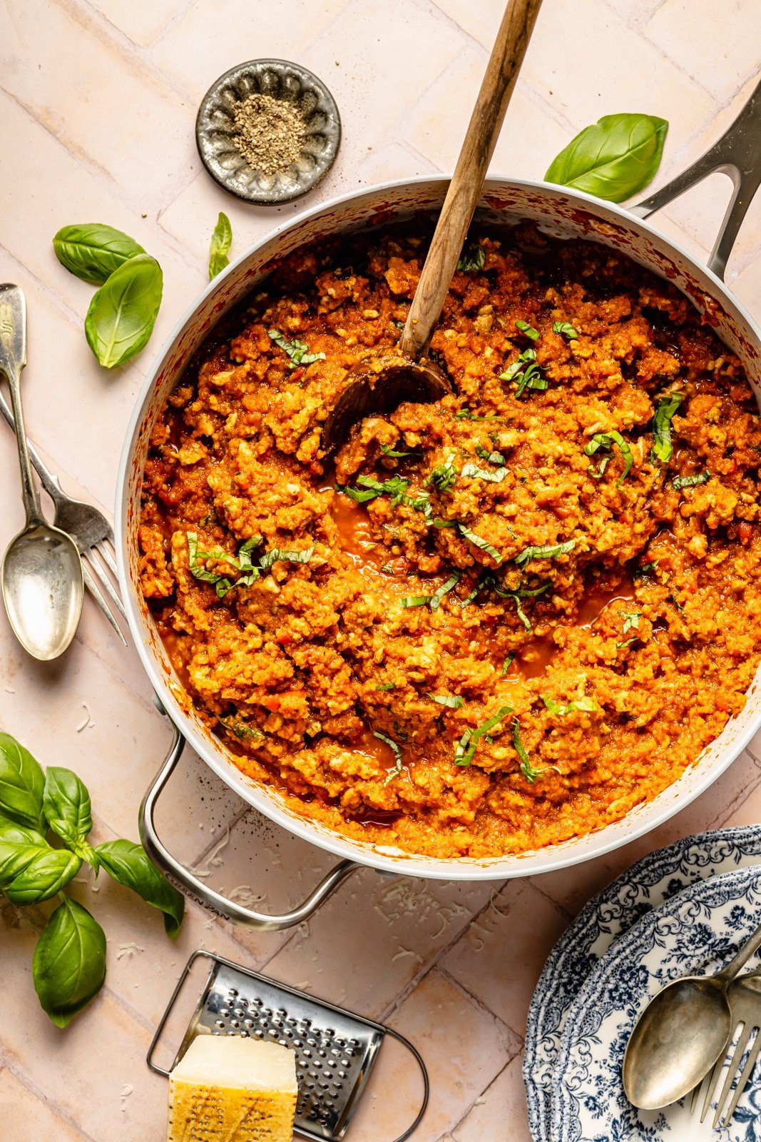 cooking hidden vegetable meat sauce in a pan