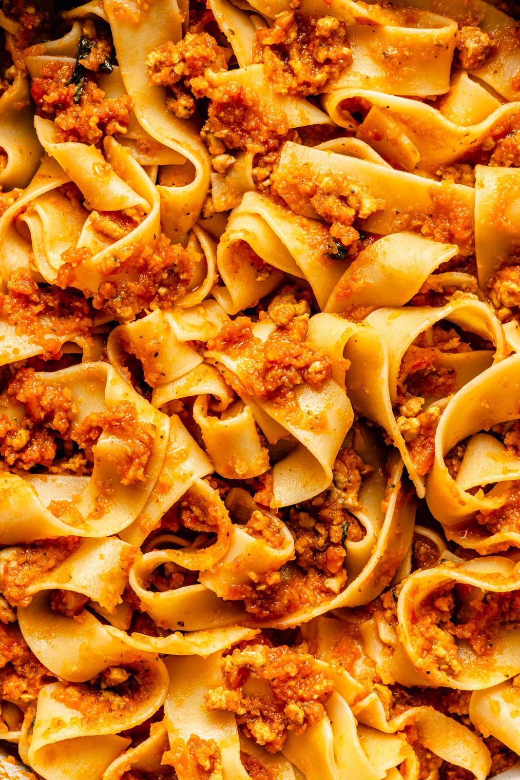 veggie-packed meat sauce mixed with pasta