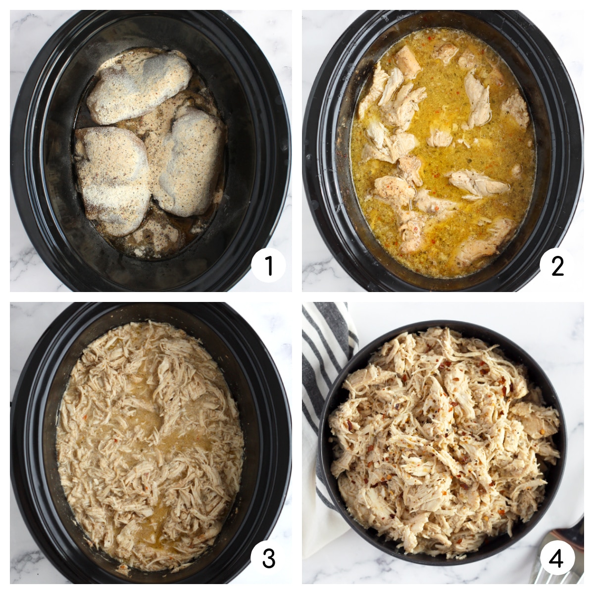 4 steps for making cafe rio shredded chicken in the crock pot