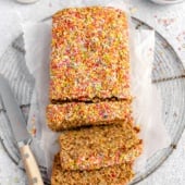 healthy birthday cake bread sliced on a wire rack