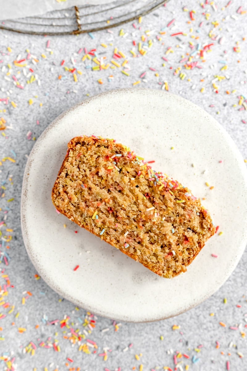 slice of a healthy birthday cake bread recipe on a plate