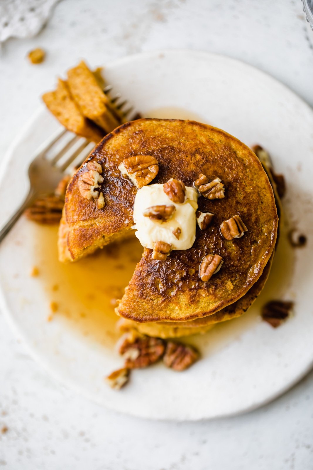 overhead shot of healthy pumpkin pancakes