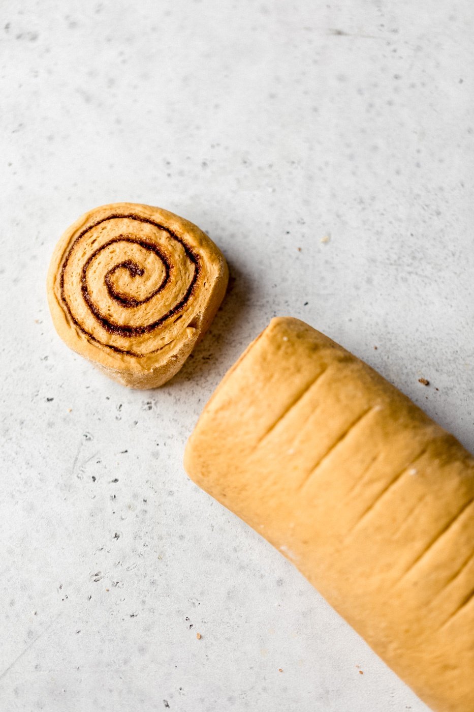 pumpkin cinnamon roll dough log with a cinnamon roll cut out