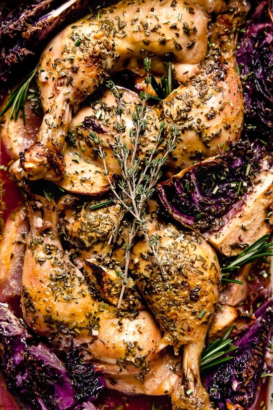 Baked Apple Cider Chicken and Cabbage is the perfect one-pot fall dish made with cider-marinated chicken, red cabbage and apples.