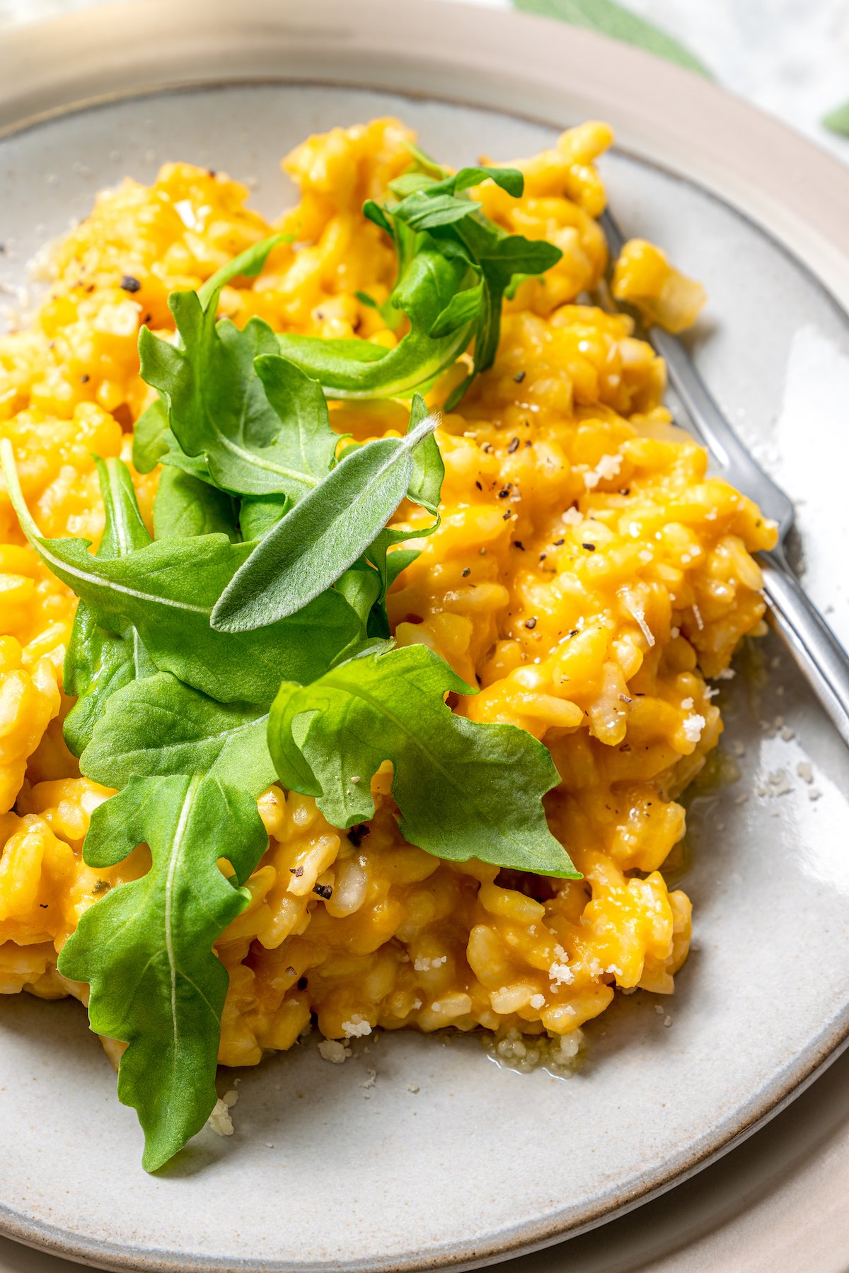 Butternut squash risotto is creamy, delicious and satisfying! It takes a little time, but it’s still easy to make—and absolutely worth it! Plate of butternut squash risotto with arugula