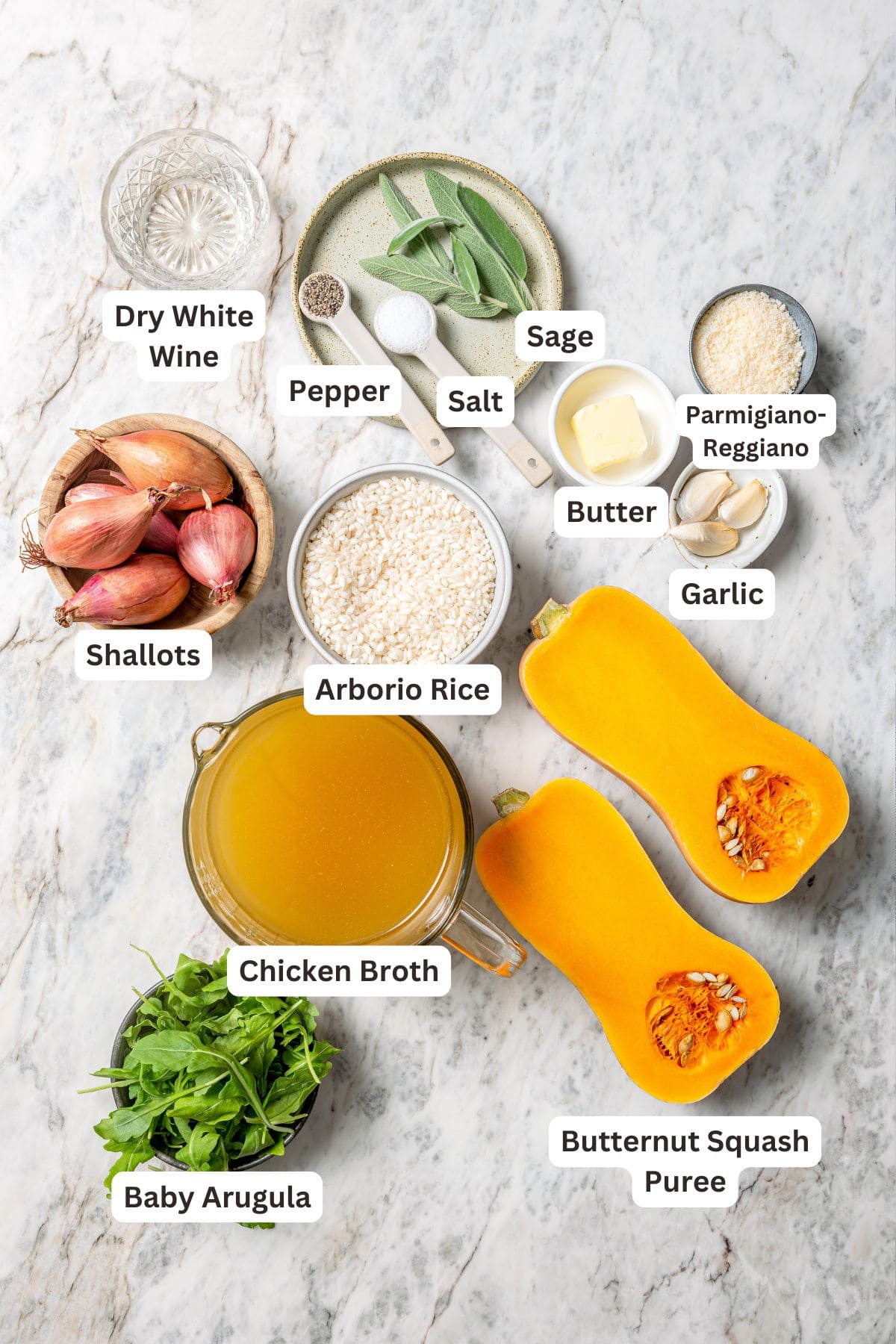 Overhead view of ingredients for butternut squash risotto with labels