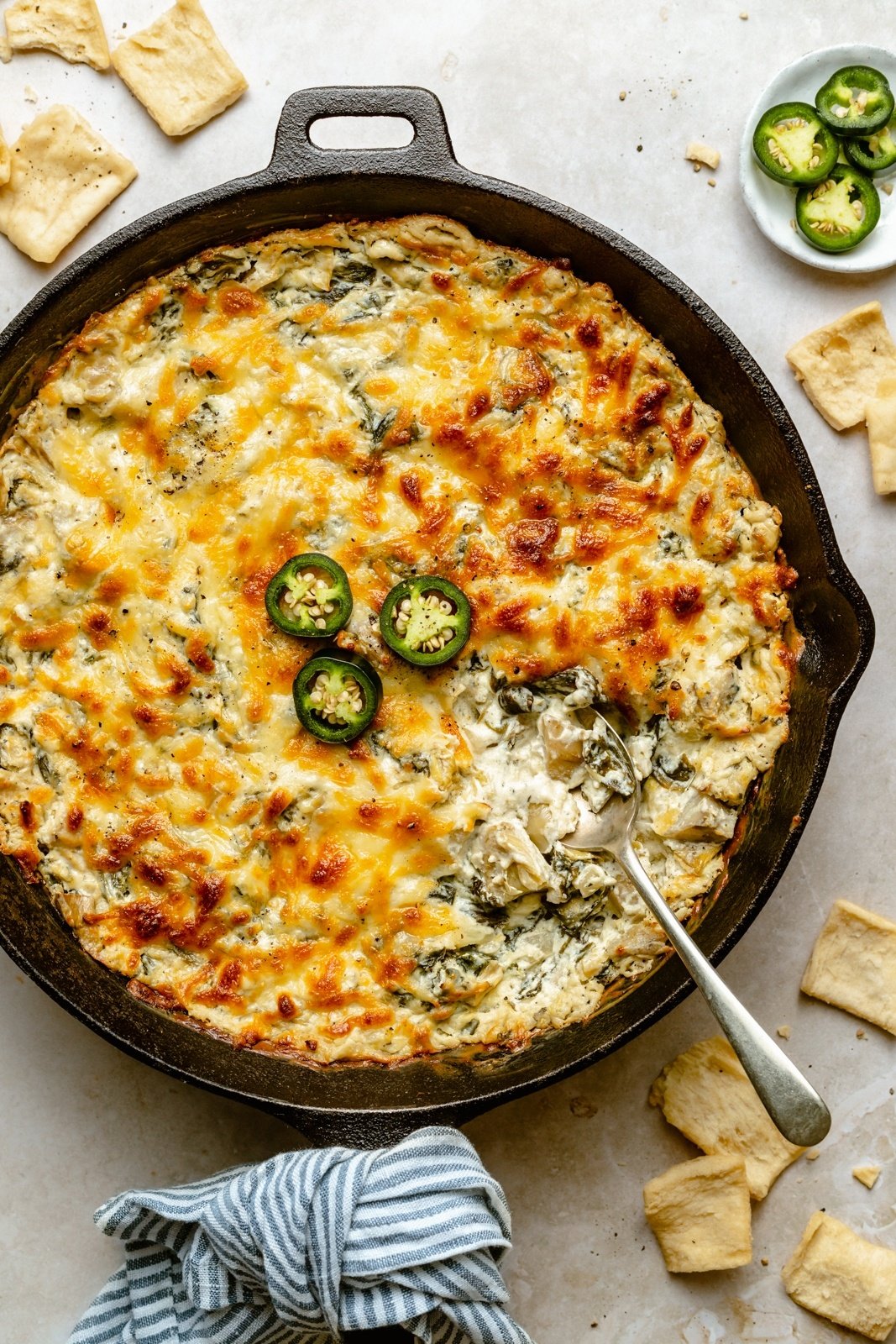 jalapeño spinach artichoke dip without mayo in a skillet