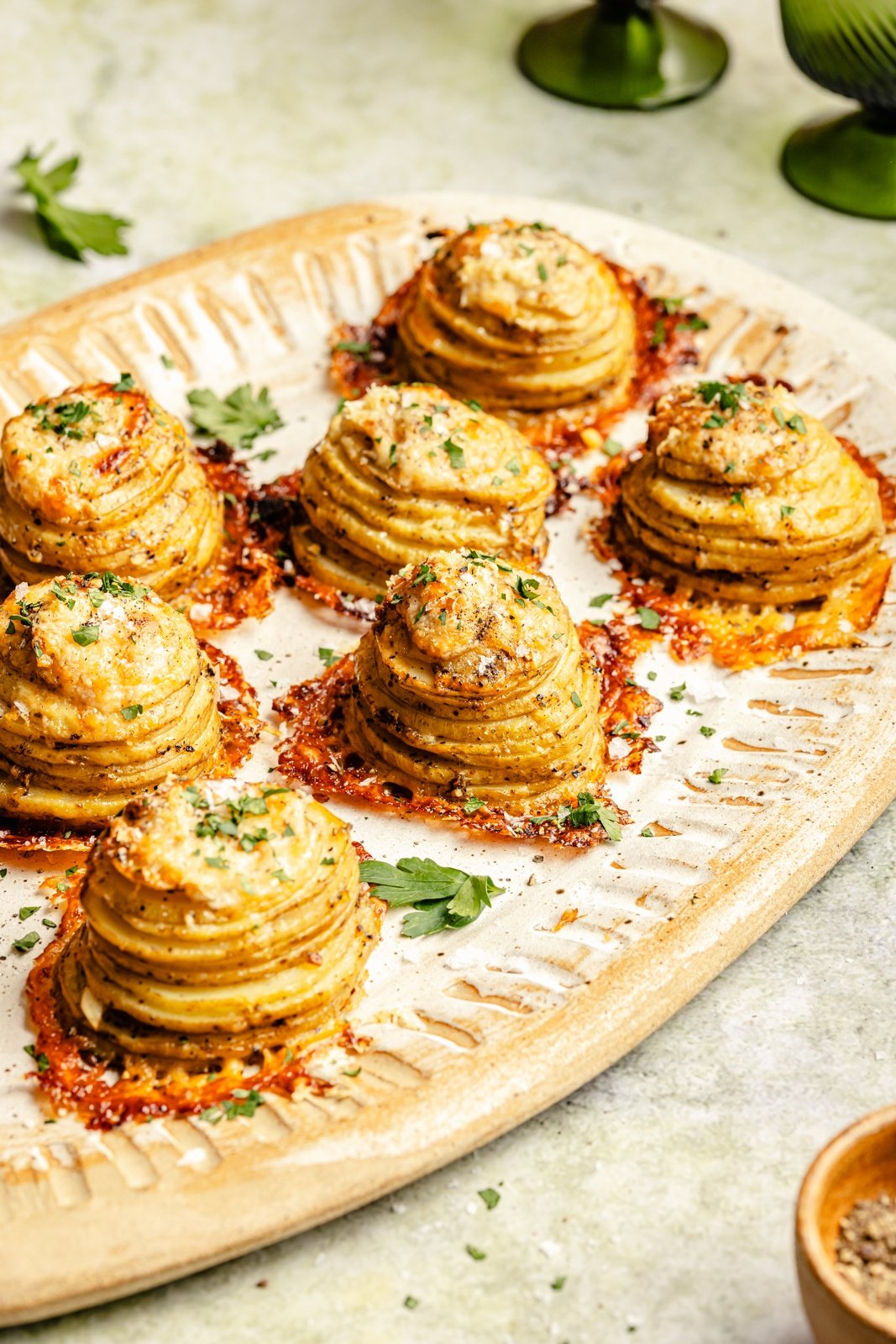 crispy stacked potatoes on a serving platter