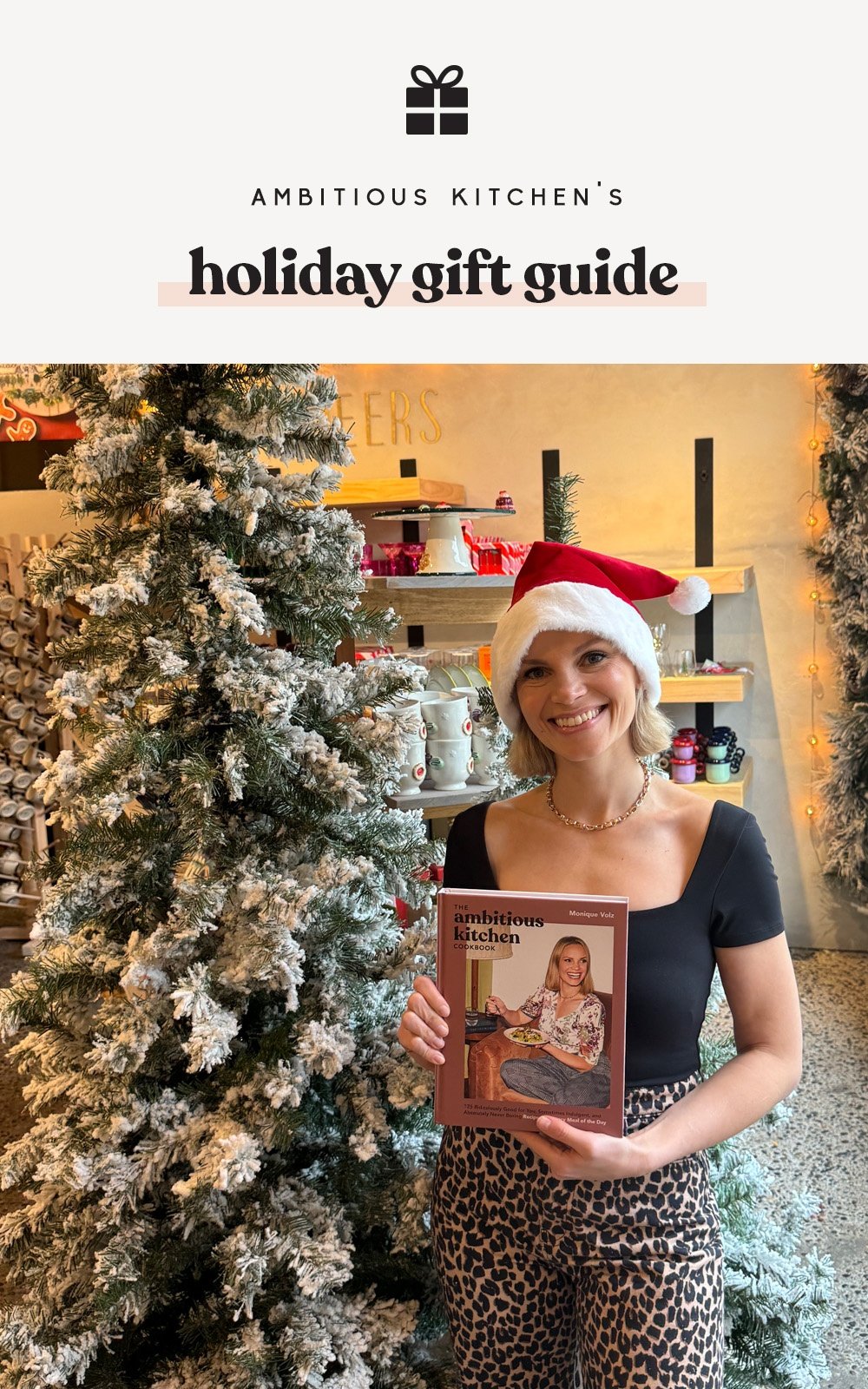 Monique from Ambitious Kitchen in front of a holiday tree with "holiday gift guide" text over the top