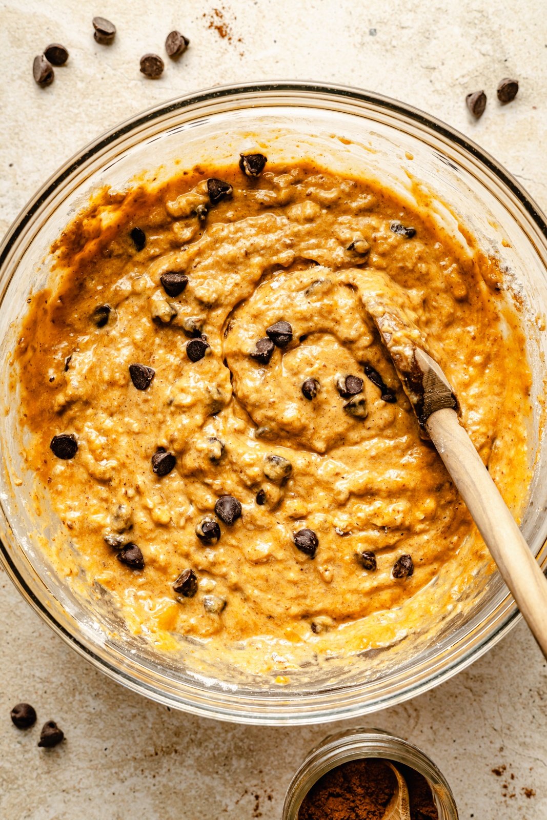 pumpkin banana chocolate chip muffin batter in a bowl