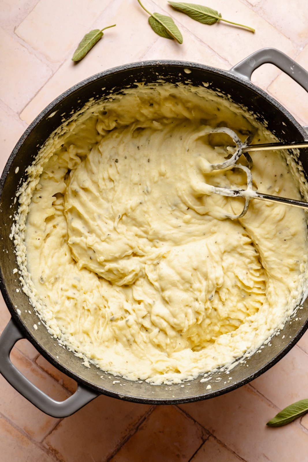 creamy brown butter mashed potatoes blended in a pot