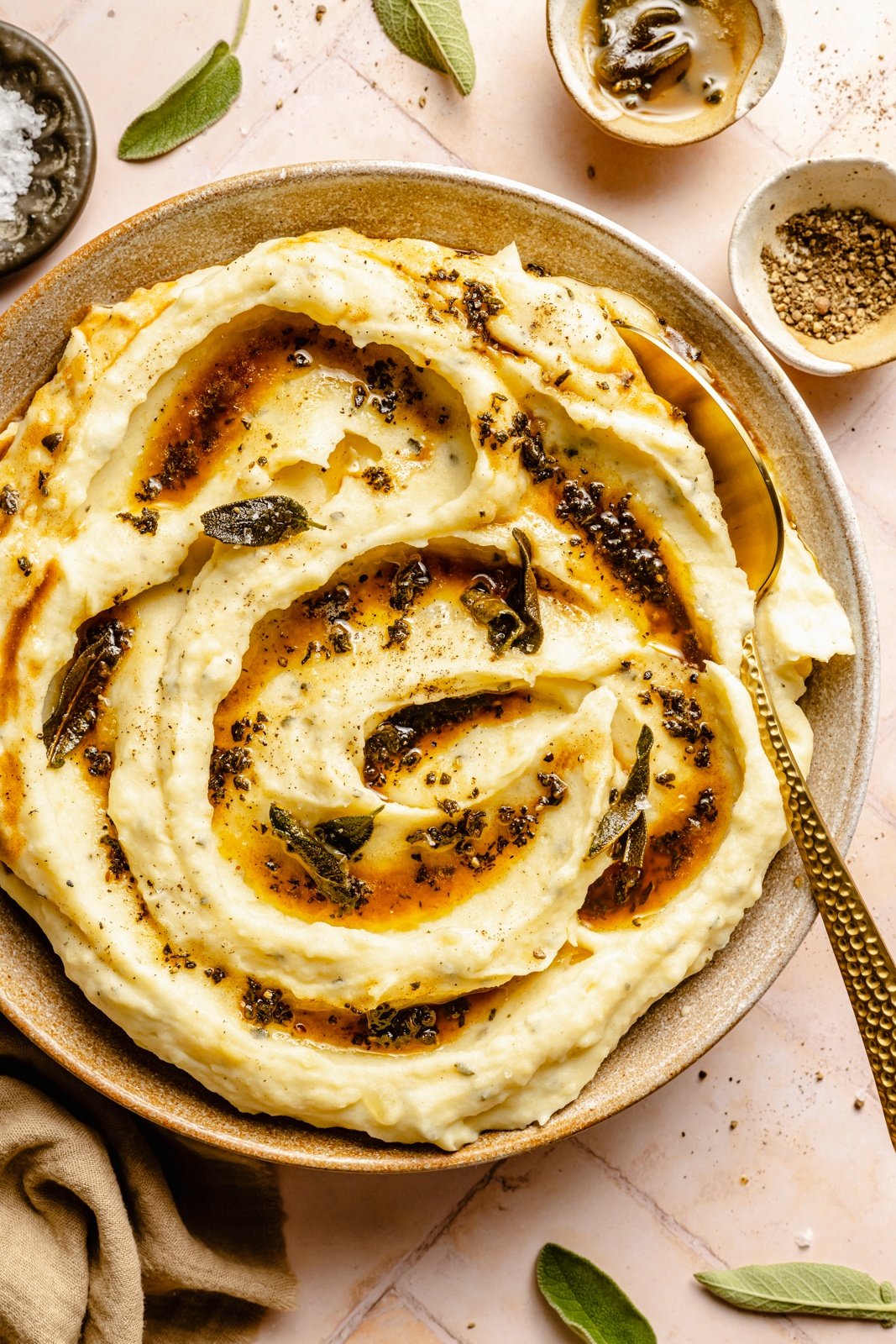 brown butter mashed potatoes in a bowl