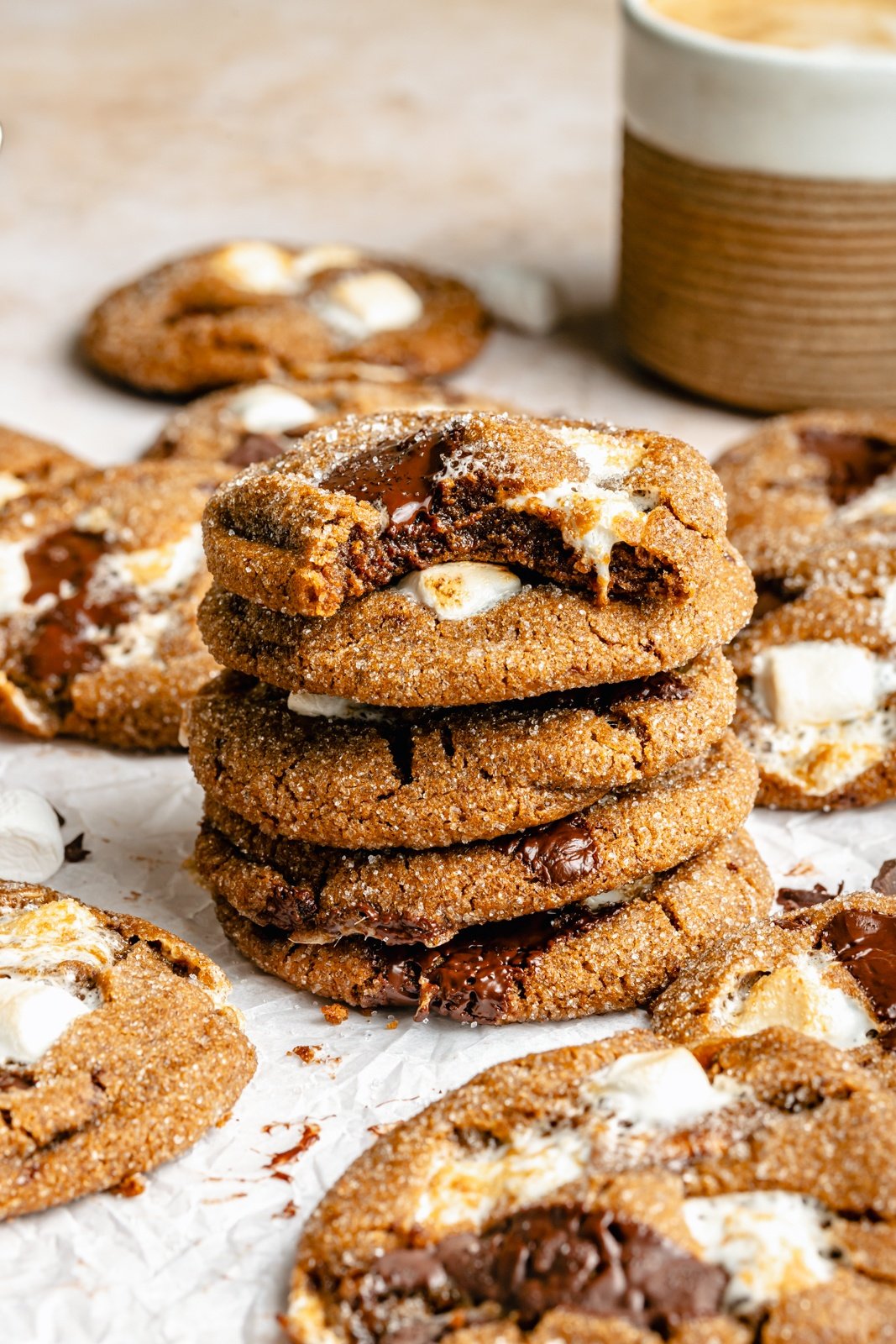 chocolate marshmallow ginger cookies in a stack