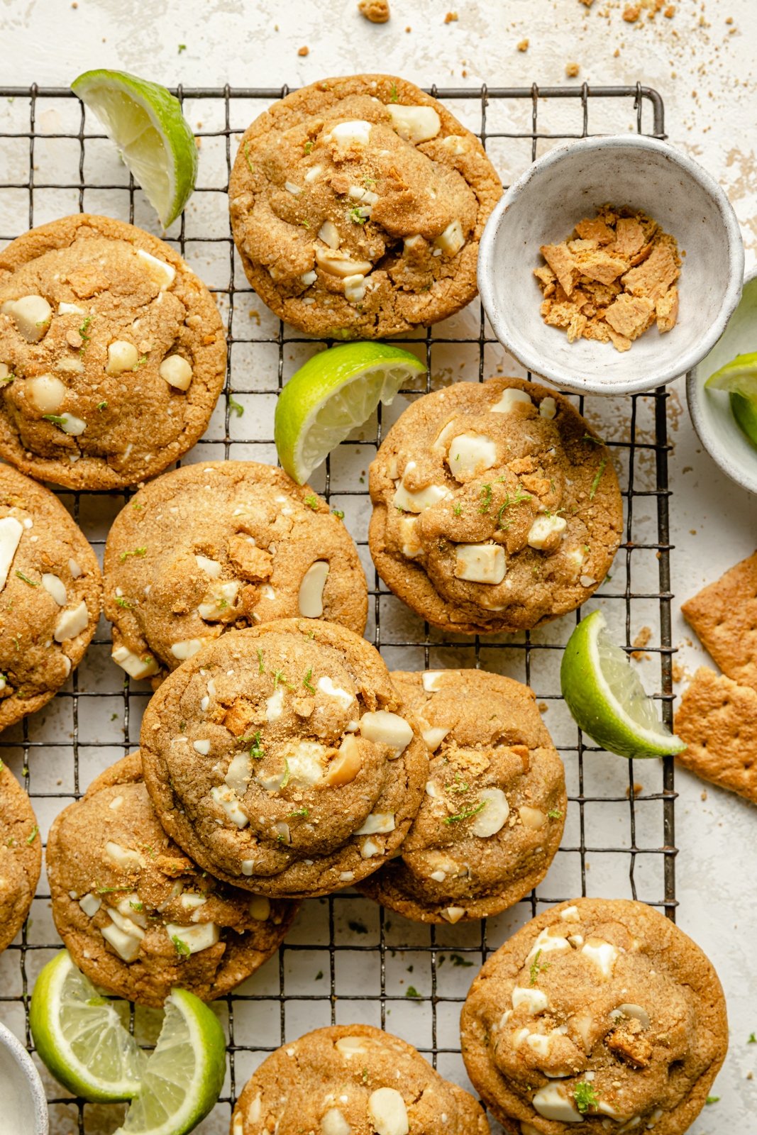 key lime white chocolate cookies on a wire rack