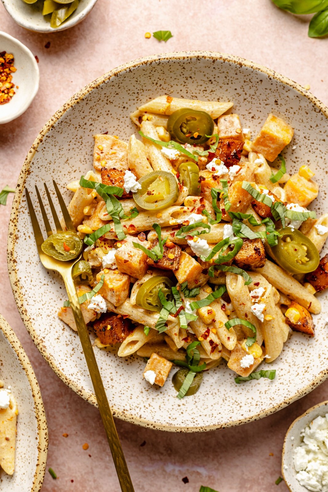 brown butter goat cheese pasta with butternut squash in a bowl