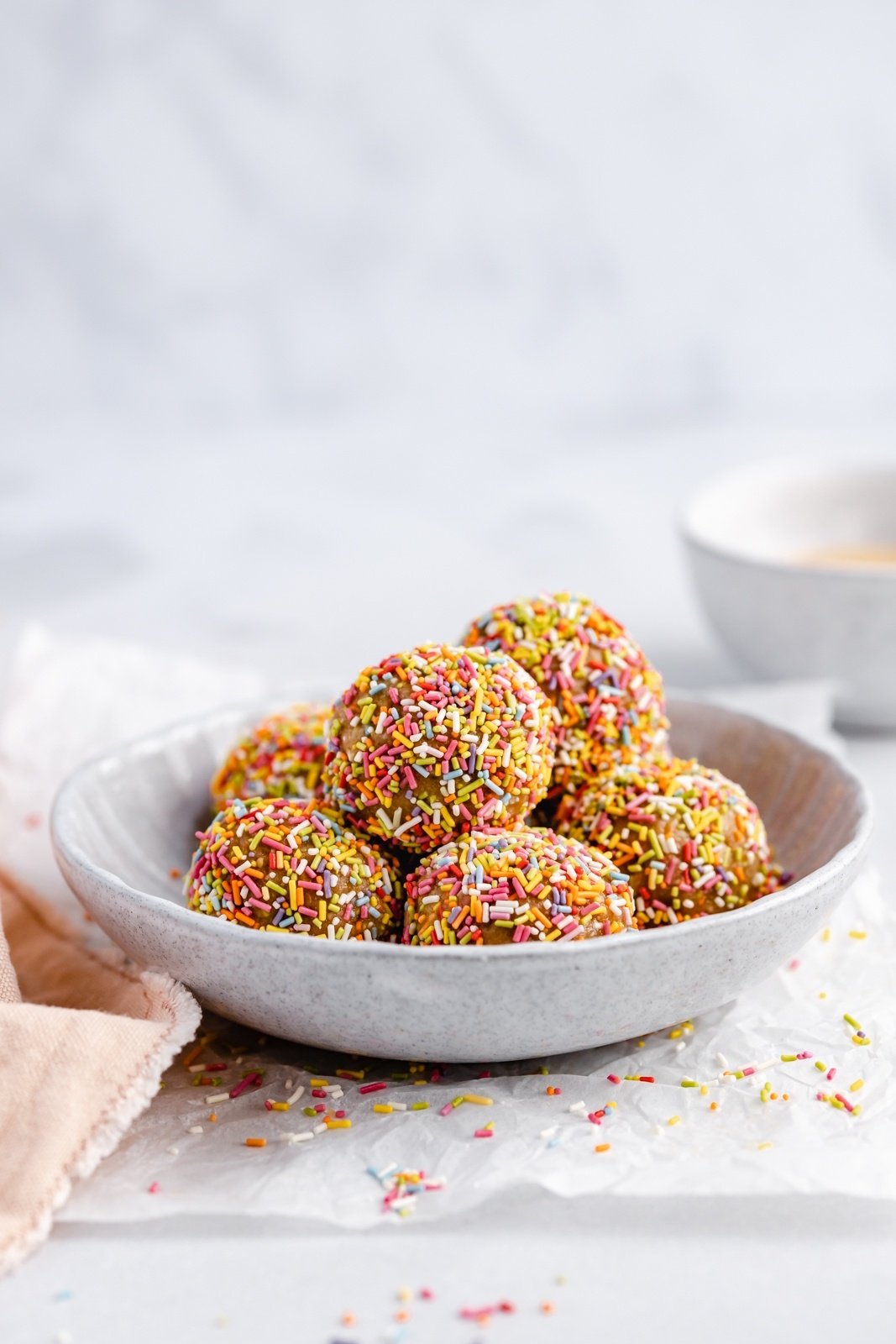 birthday cake energy balls in a bowl
