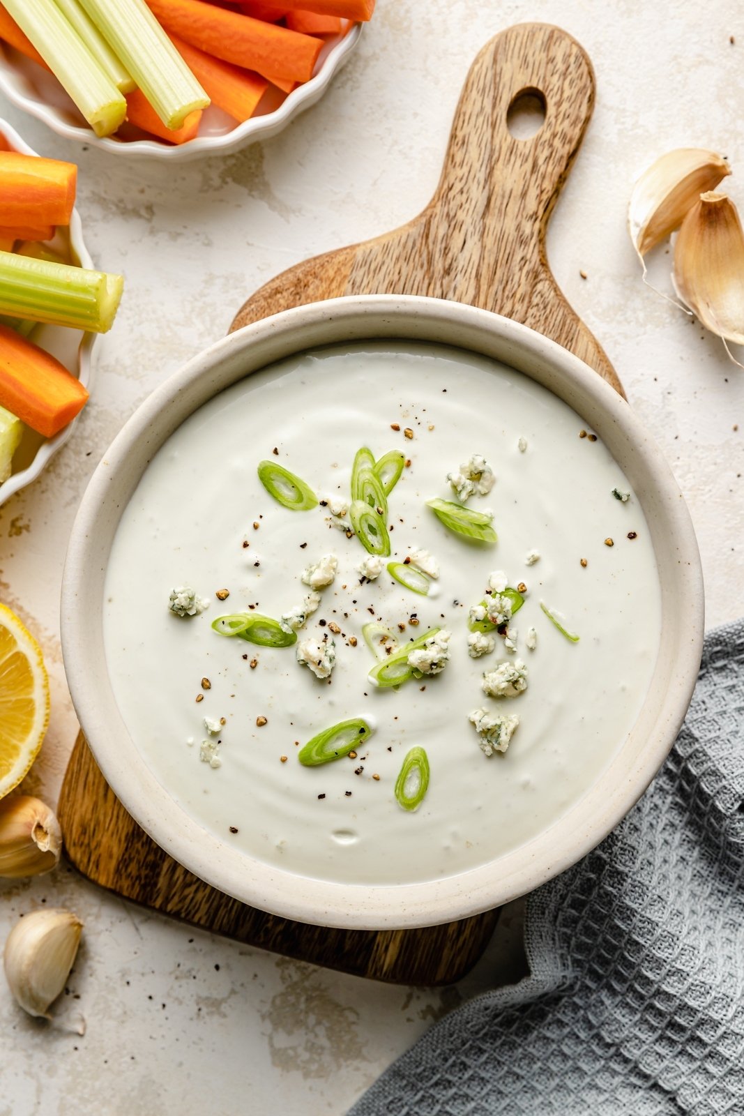 healthy bleu cheese dip in a bowl