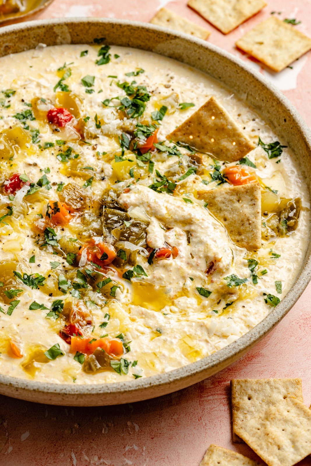 cottage cheese giardiniera dip in a bowl with crackers