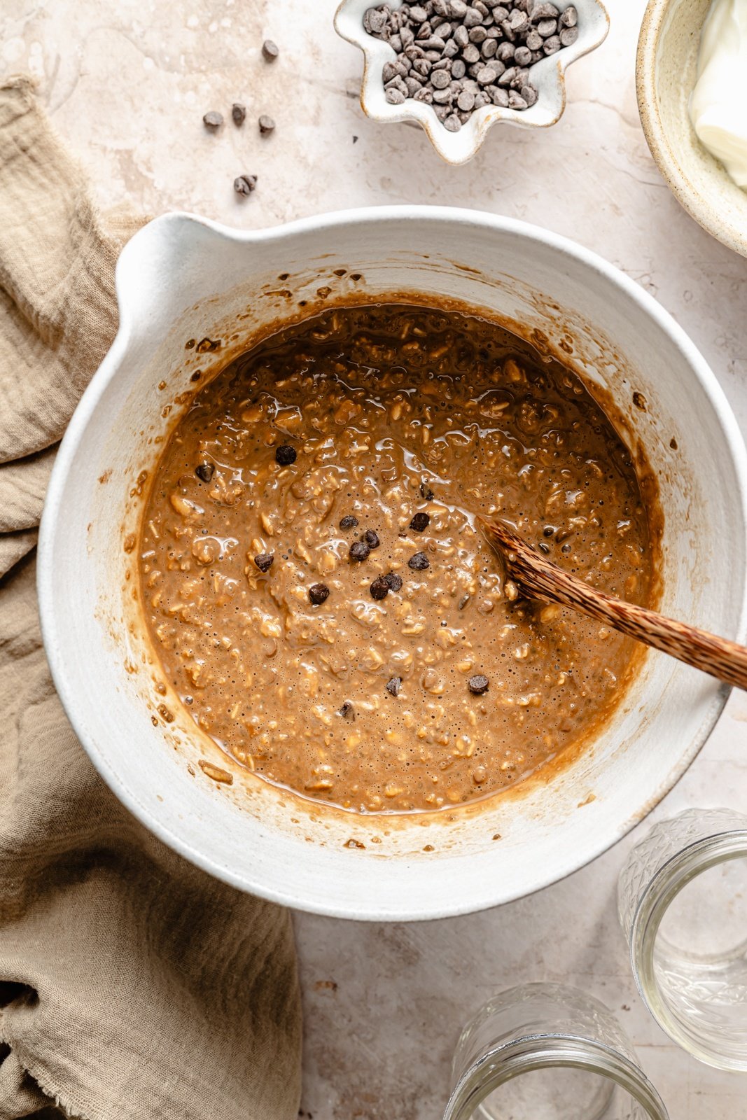 ingredients for healthy coffee overnight oats mixed in a bowl