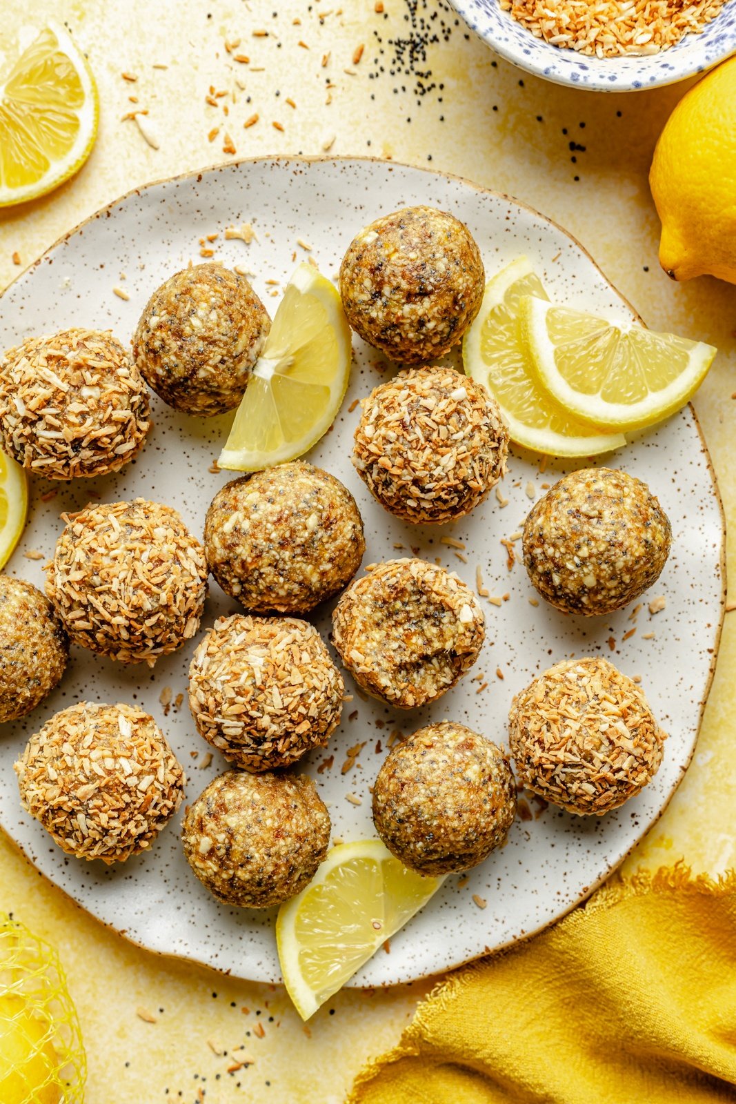 lemon energy bites on a plate