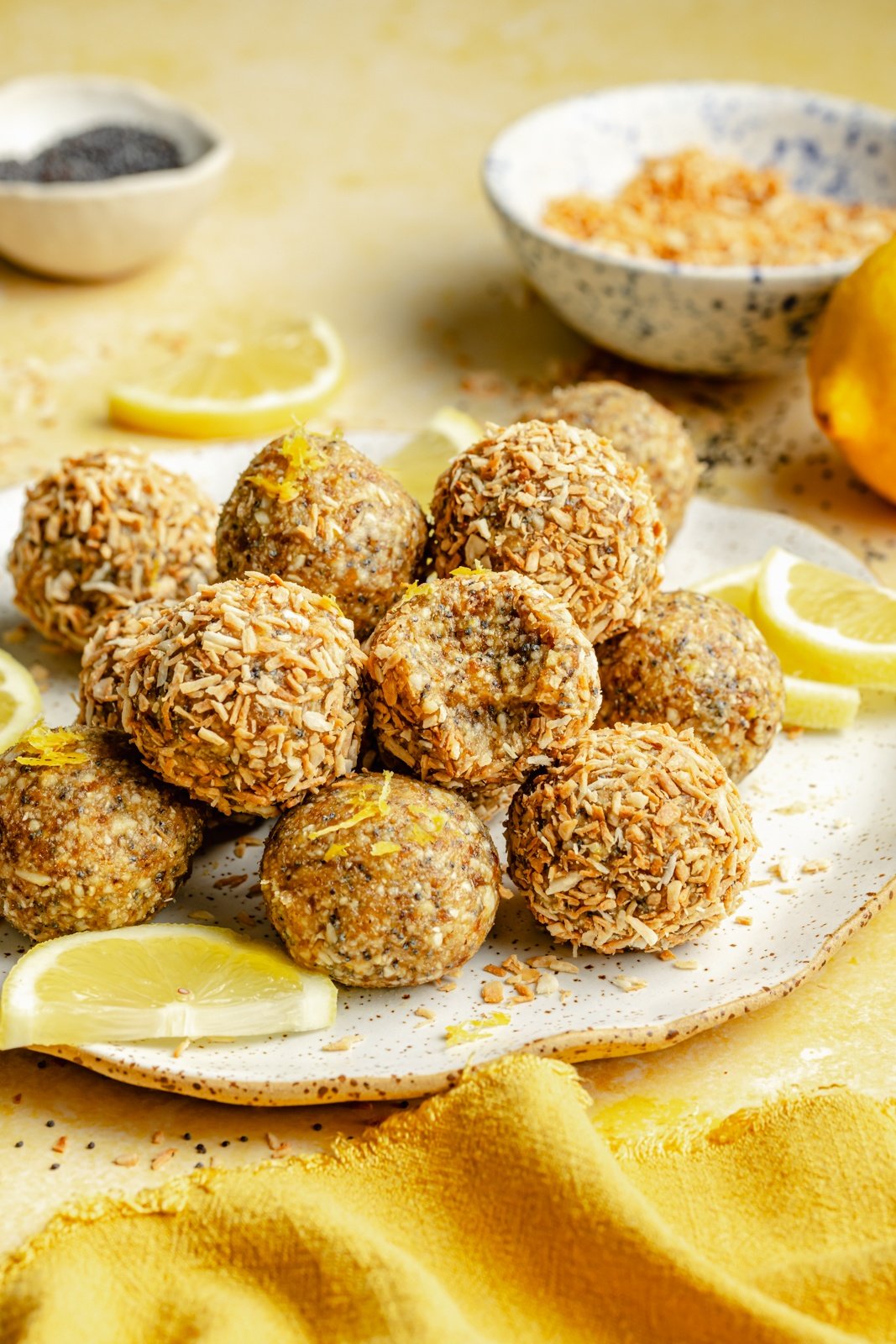 lemon poppy seed energy bites on a plate