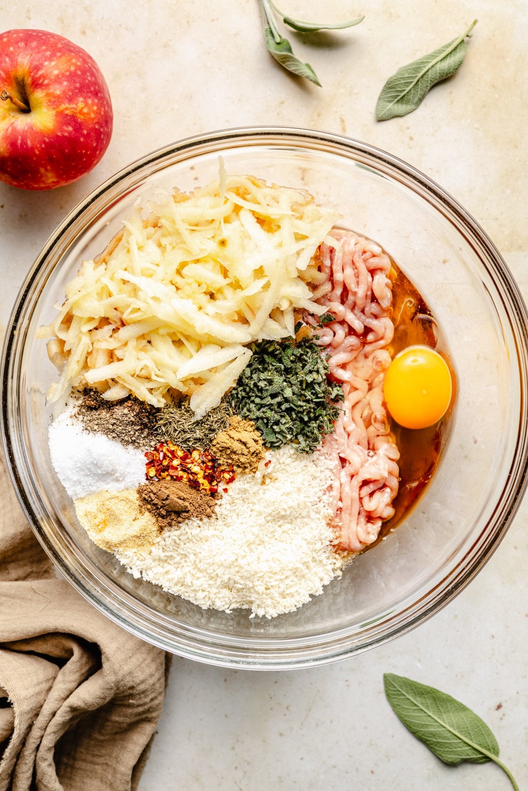ingredients for chicken breakfast meatballs in a bowl
