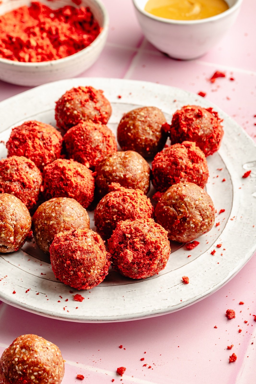 PB&J energy bites on a plate
