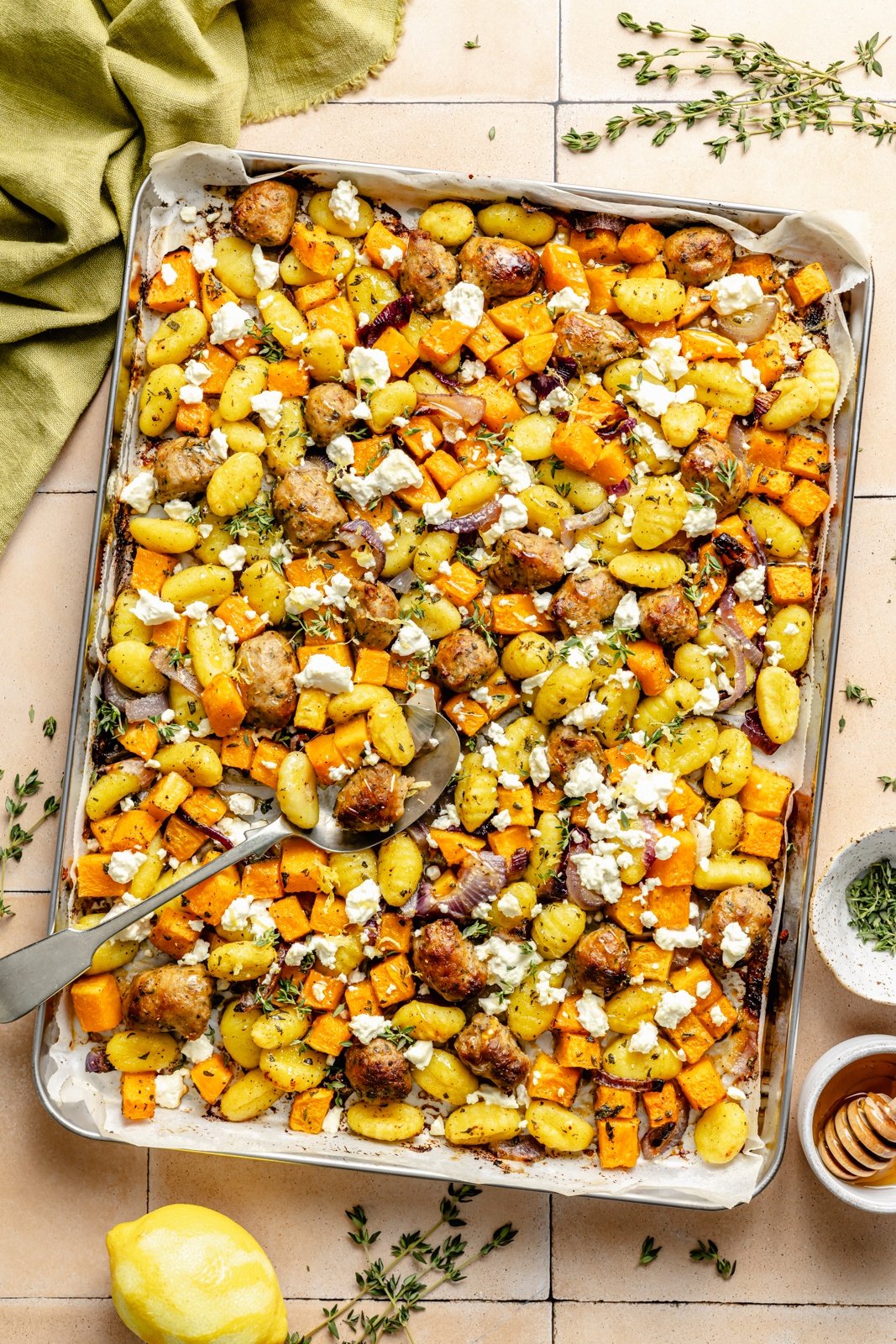 sheet pan sausage gnocchi with butternut squash and feta cheese