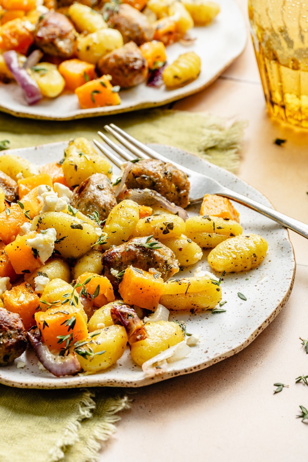 sheet pan sausage and butternut squash gnocchi on a plate