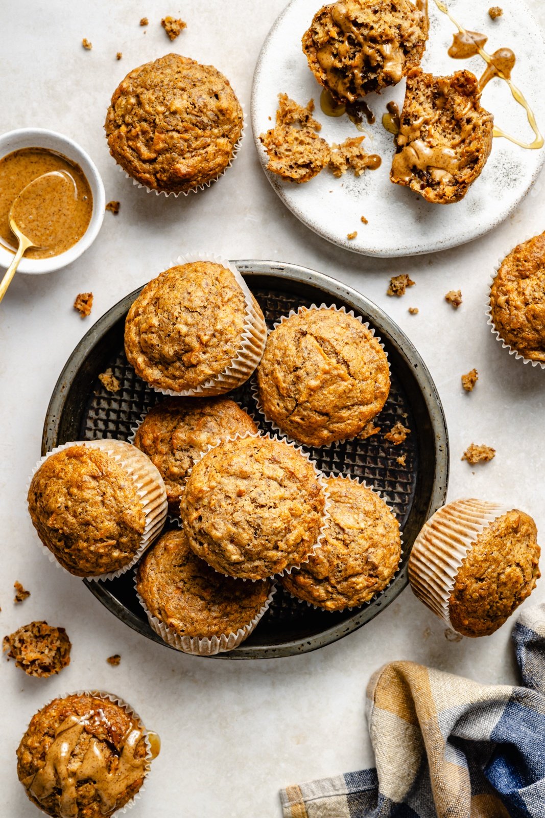 apple, banana & carrot muffins on a plate