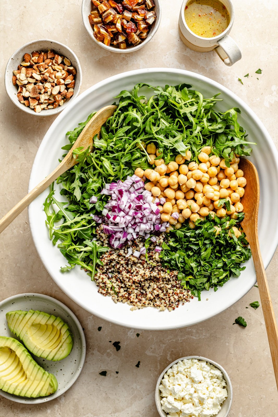 vegetarian arugula chickpea quinoa salad in a bowl
