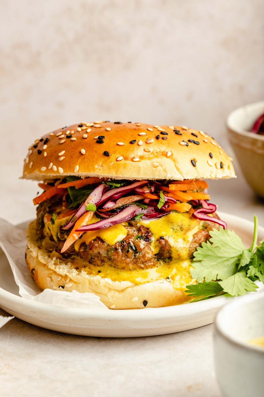 curry turkey burger on a plate