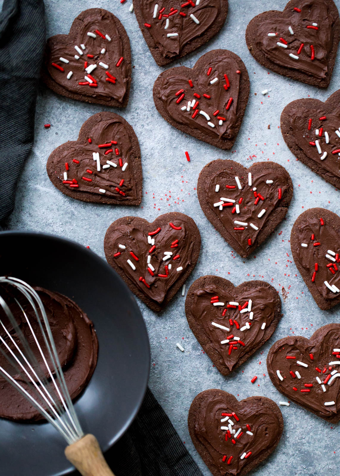 Grain Free Almond Flour Chocolate Sugar Cookies cut into hearts