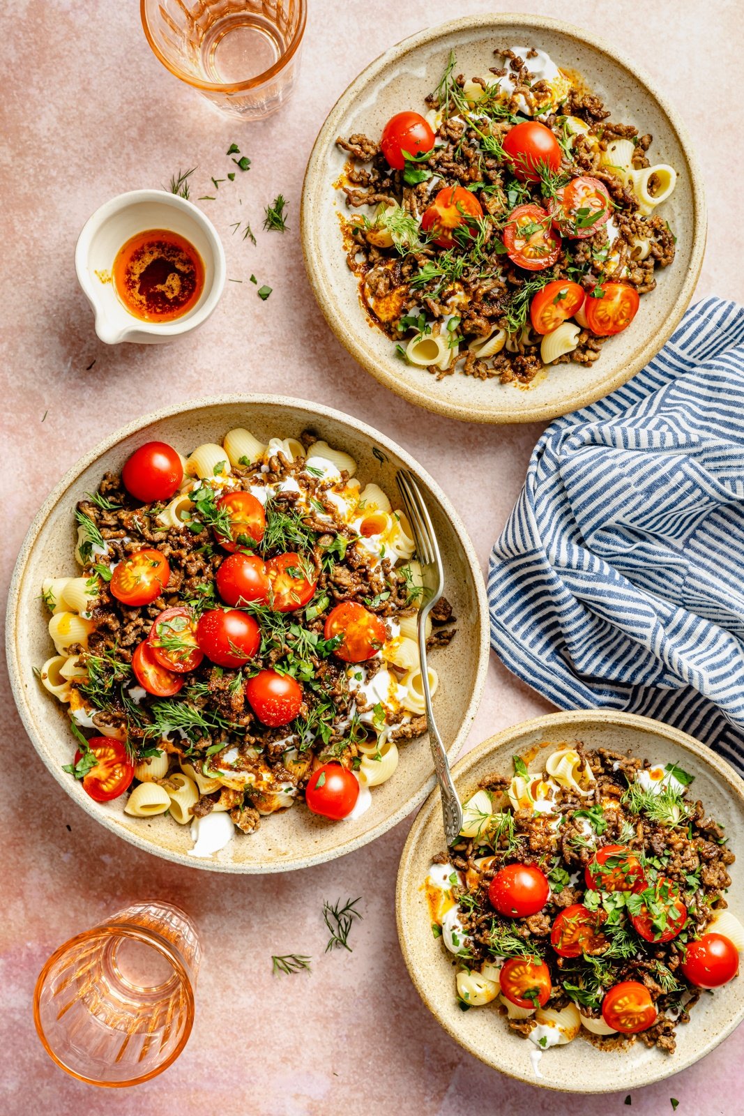 viral Turkish pasta in three bowls