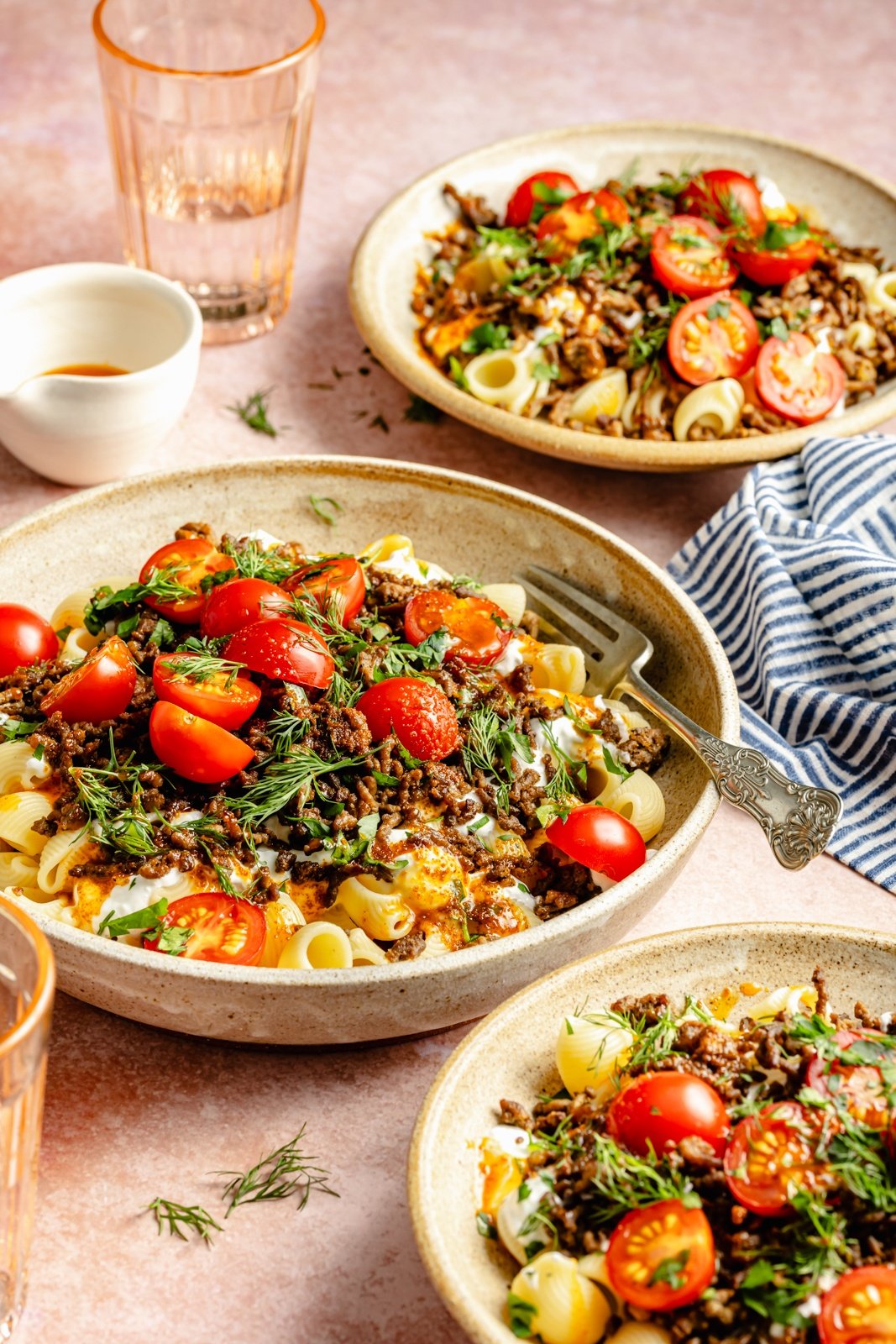 viral Turkish pasta in three bowls
