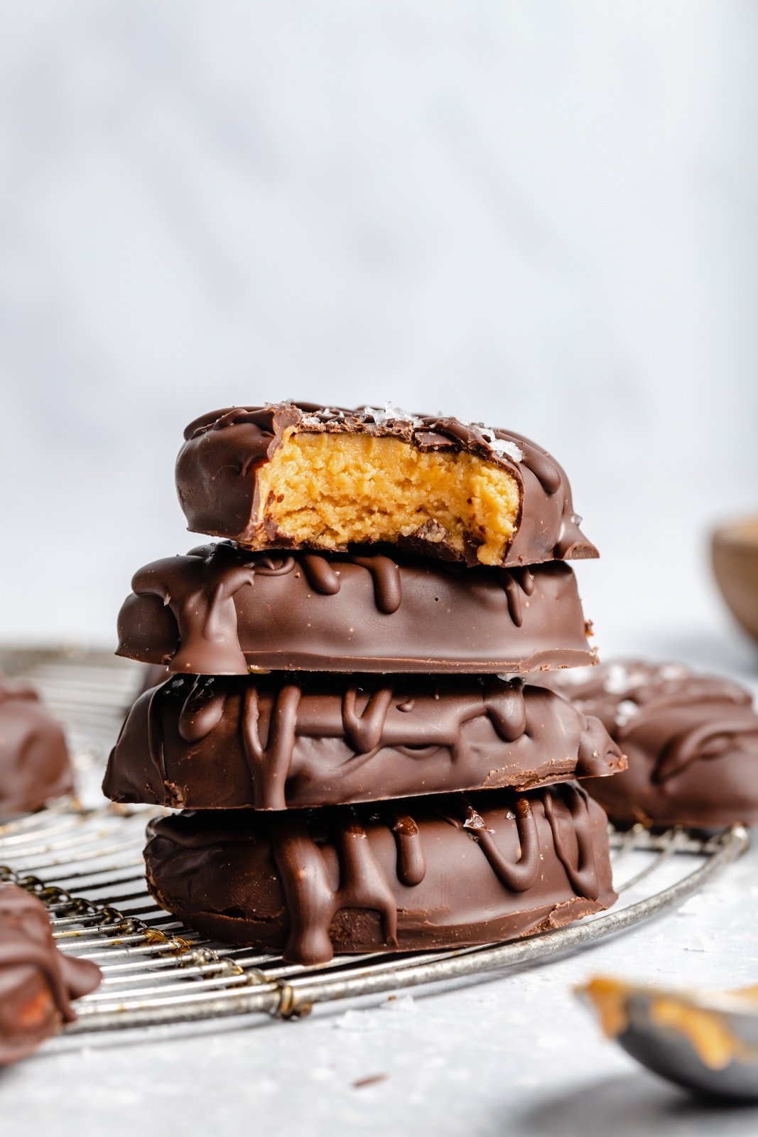 healthy peanut butter eggs in a stack