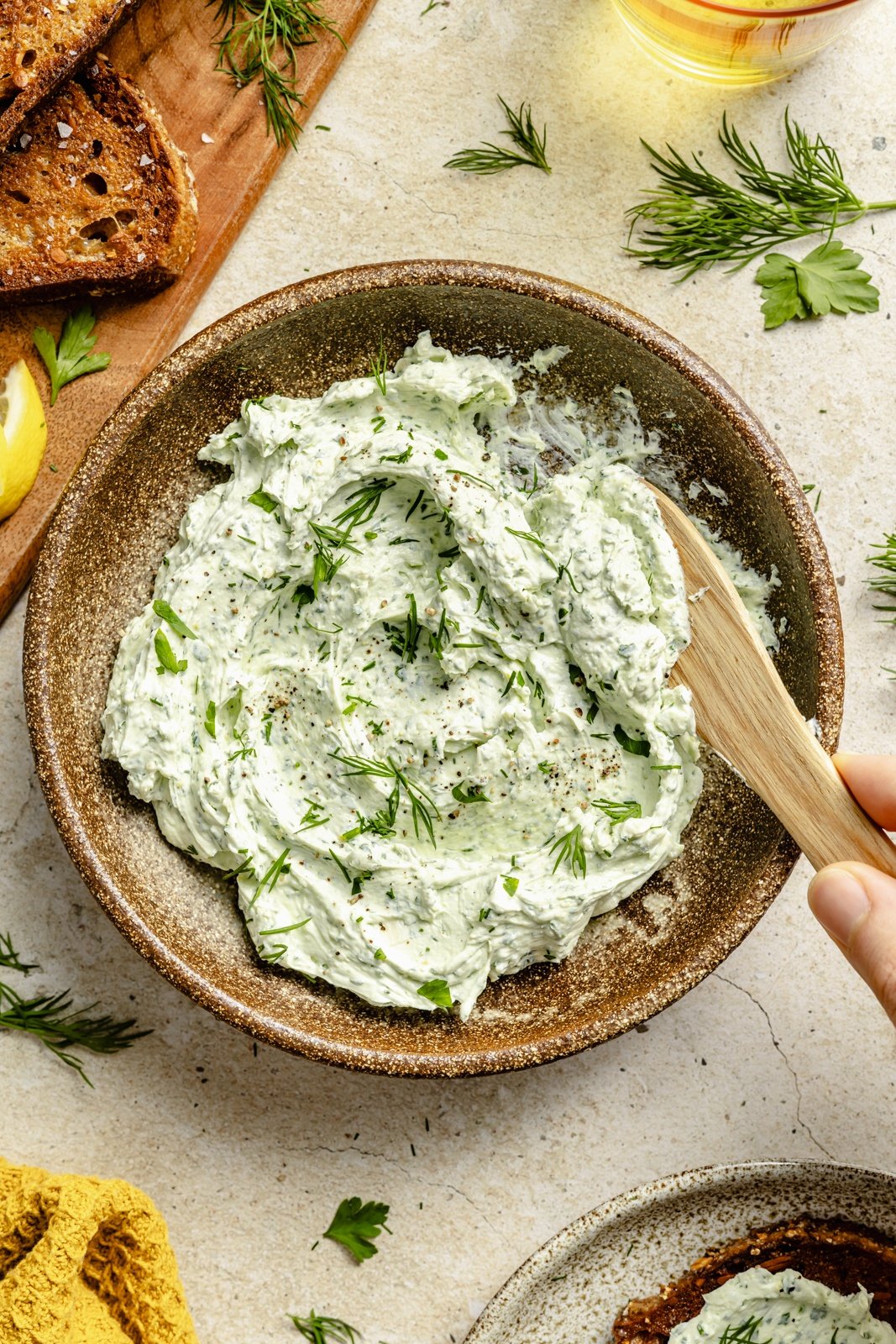 easy herbed goat cheese spread in a bowl