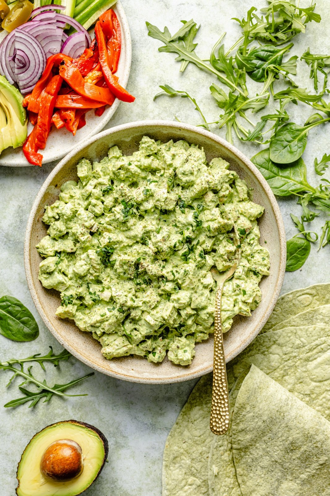 healthy green goddess chicken salad in a bowl