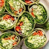 top-down view of green goddess chicken salad wraps on a plate