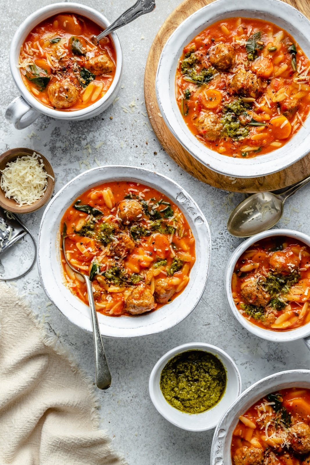 tomato orzo soup in bowls
