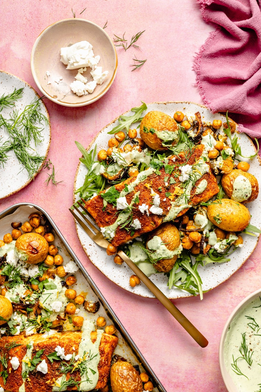 healthy sheet pan salmon dinner on a plate