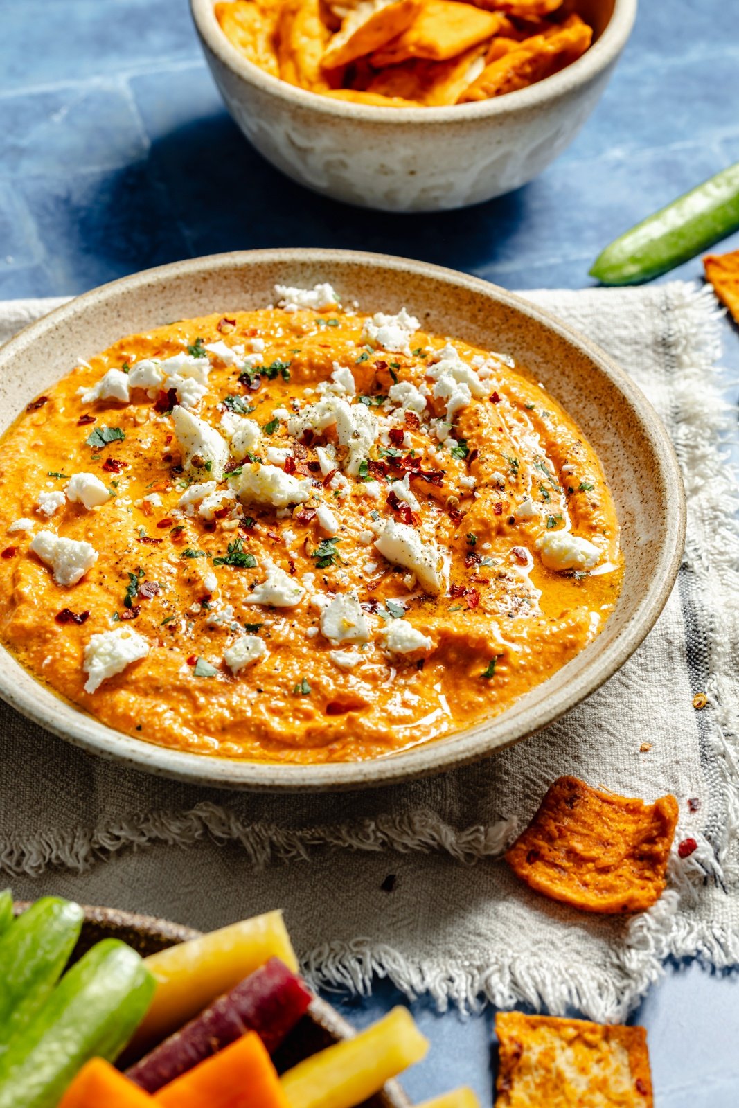 red pepper feta dip in a bowl